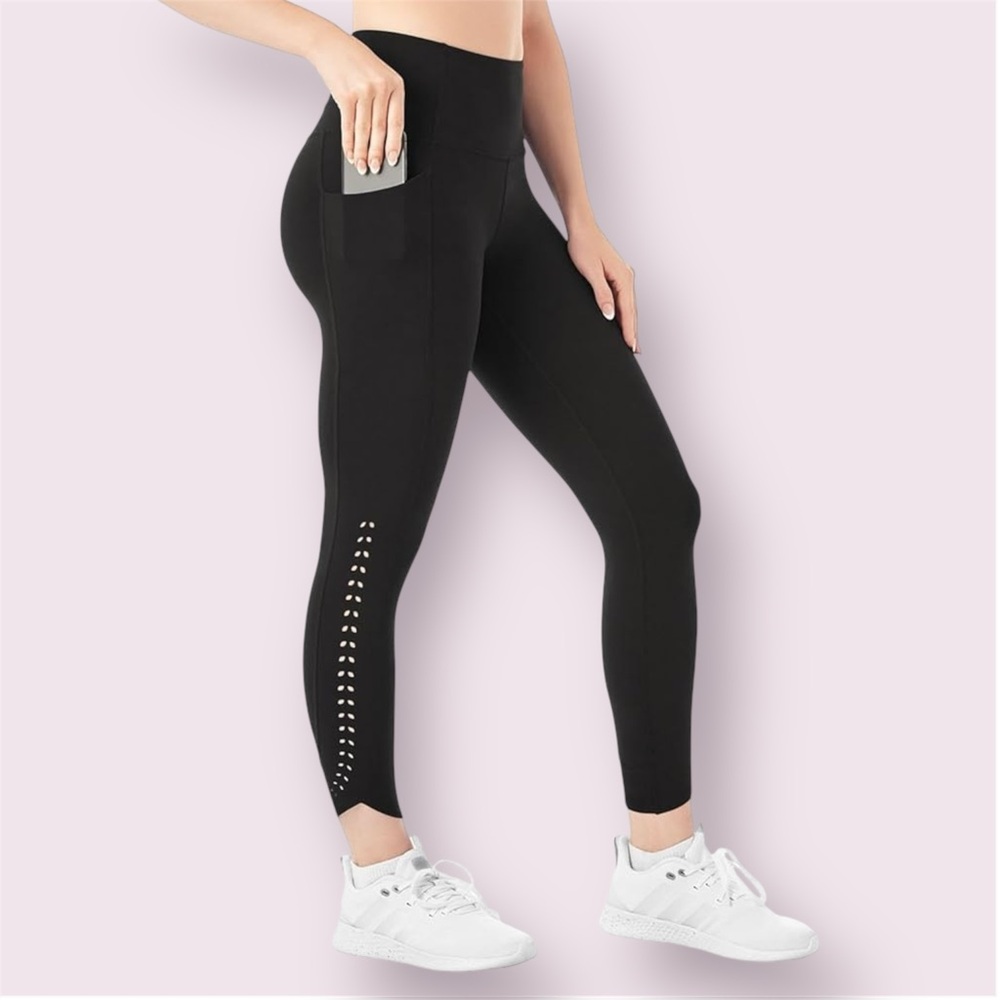Black Perforated Legging L Everyday Active Yoga Ankle Pants Athletic Pockets